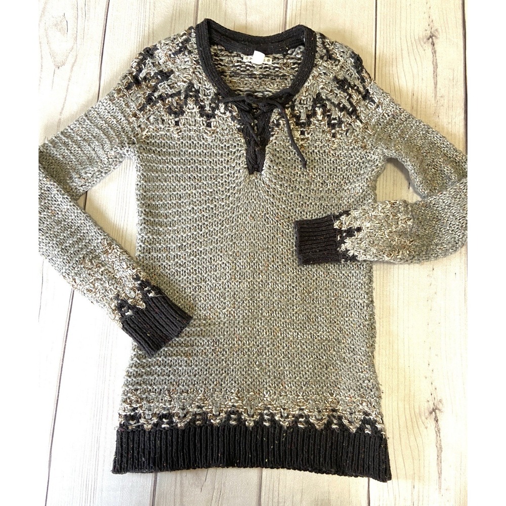 Ruff Hewn Grey Black Wool Blend Sweater Loose Knot Tie Front Tunic Length